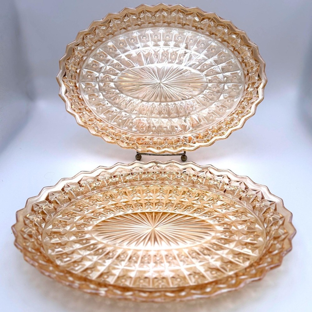 Jeannette Holiday Buttons & Bows Marigold Iridescent Platters Depression Glass